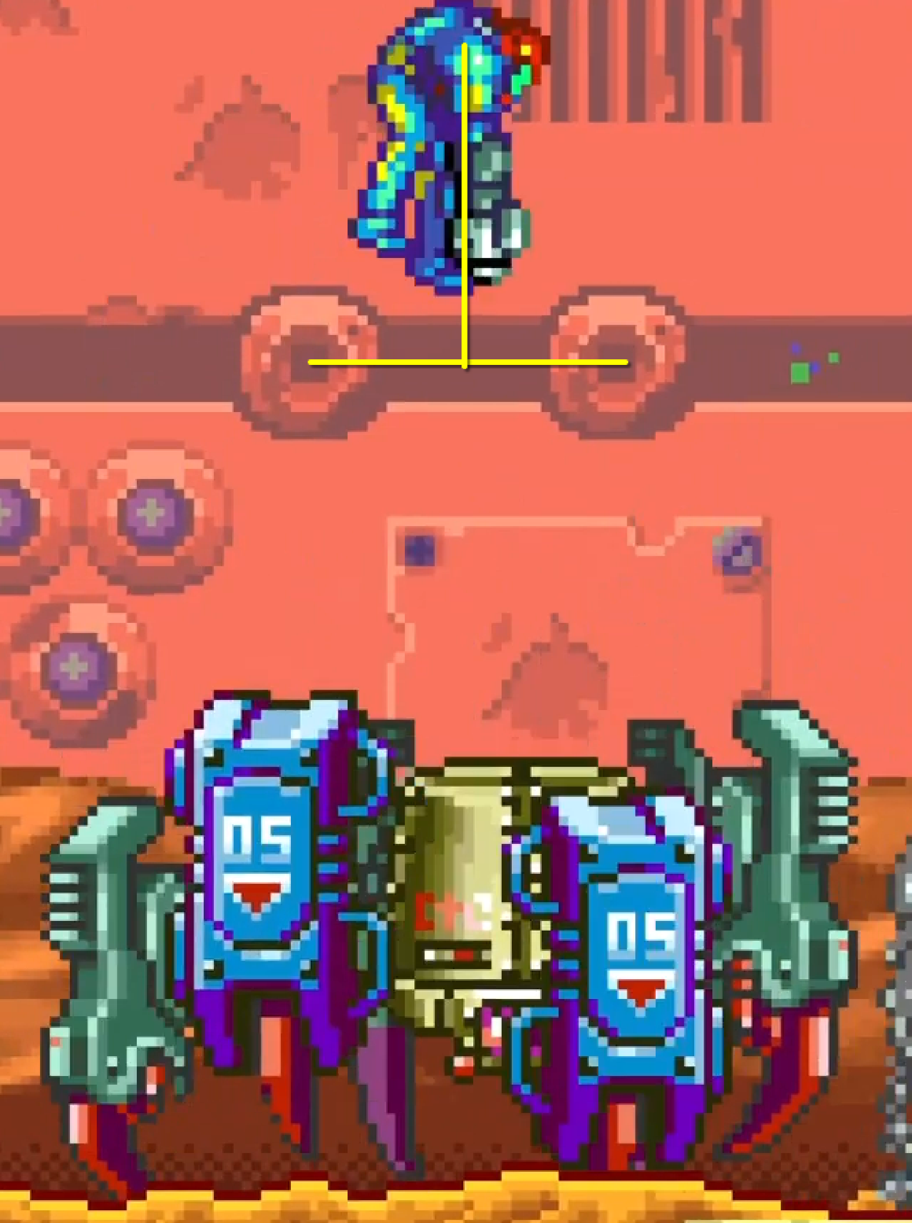 Shoot down when Samus is in between the red circle pads in the background.