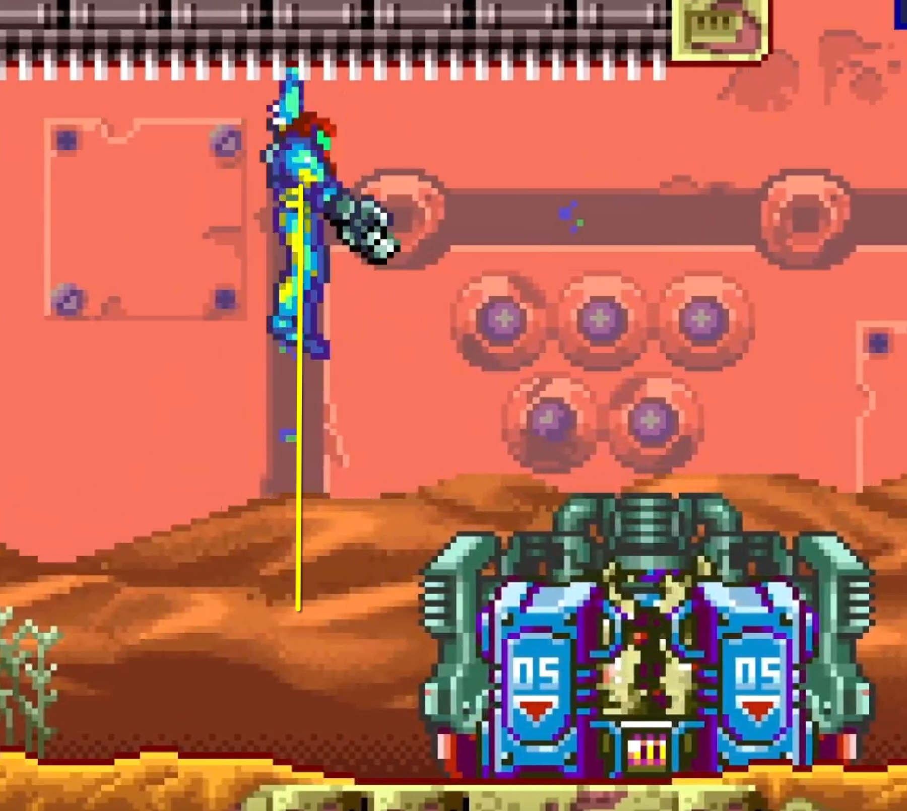 When B.O.X. is preparing to throw a bomb, position Samus so that she is in the center of the dark background pole.